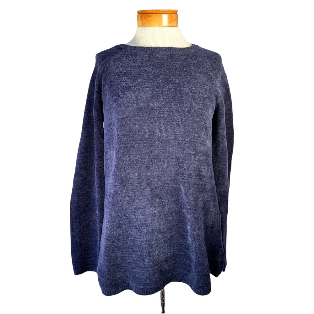 Talbots Navy Chenille Pull-Over Crew Neck Sweater with Tie Detail at the Neck S